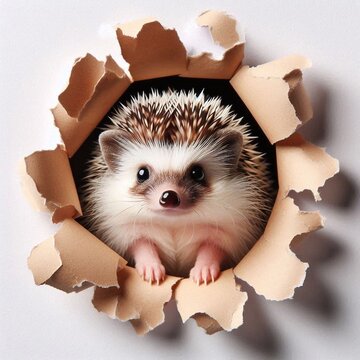 niedlicher Igel schaut durch ein Loch in der Wand