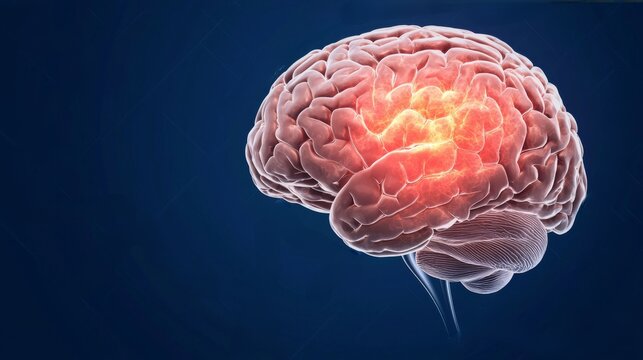 a brain, highlighting neural activity against a dark blue background, symbolizing cognitive processes and brain functions.