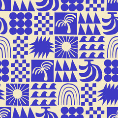 Retro hand drawn tropical summer seamless pattern. Geometric shape patchwork tapestry background illustration. Vintage exotic nature mosaic print, jungle palm tree texture. © Dedraw Studio