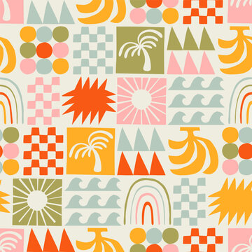 Fototapeta Retro hand drawn tropical summer seamless pattern. Geometric shape patchwork tapestry background illustration. Vintage exotic nature mosaic print, jungle palm tree texture.