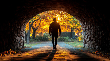 Fototapeta premium man walks alone in a dark underpass, with a bright light shining at the end of the tunnel, symbolizing hope, struggle, and the journey towards a brighter future