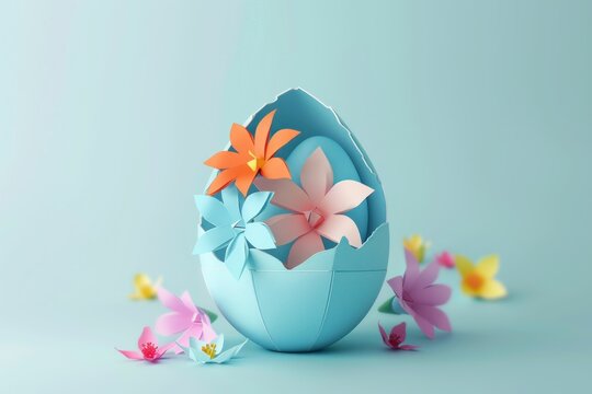 Easter, flowers, paper art, decoration A pastel blue cracked egg holds colorful paper flowers, showcasing a cheerful and creative spring theme against a soft blue background