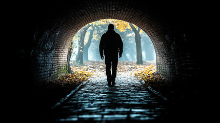 man walks alone in a dark underpass, with a bright light shining at the end of the tunnel, symbolizing hope, struggle, and the journey towards a brighter future