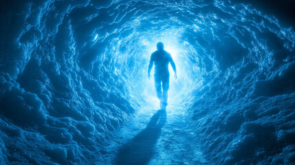 man walks alone in a dark underpass, with a bright light shining at the end of the tunnel, symbolizing hope, struggle, and the journey towards a brighter future