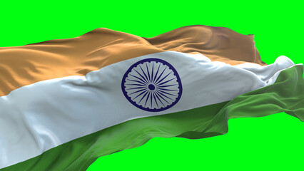 India flag - 3D realistic waving flag on green screen background for chroma key