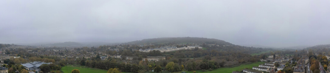 Aerial Panoramic View of Historical Walcot Bath City of England Which is Located in North East of Somerset, United Kingdom. High angle Footage Was Captured During Mostly Cloudy Early Morning 