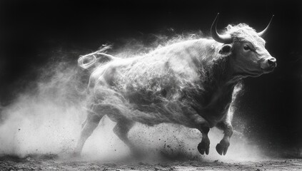 Dynamic black-and-white photograph of a charging bull with intense focus