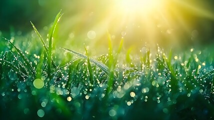 Dew on grass that glistens like silver under the morning sun 