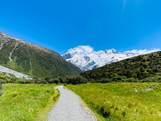 Hiking trail to Aoraki Mount Cook. Road in the mountains