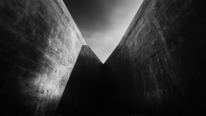 generative ai, Dark, dramatic black-and-white architectural photograph of towering concrete walls with minimal light and sharp geometric contrasts