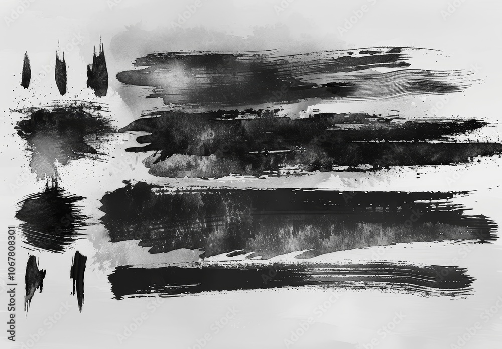 Poster Black Ink Brush Stroke Vectors, Grunge Horizontal Lines and Textures for Design Borders and Elements