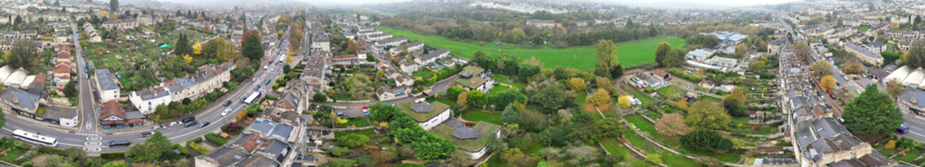 Aerial Panoramic View of Historical Walcot Bath City of England Which is Located in North East of Somerset, United Kingdom. High angle Footage Was Captured During Mostly Cloudy Early Morning