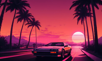 Outrun Synthwave style background with palm trees and a sunset, featuring vintage car ride on the road and neon lights