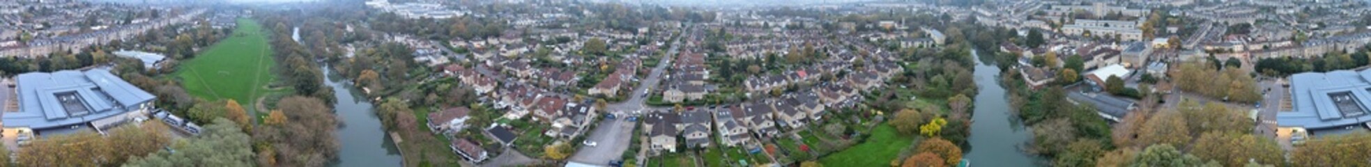 Aerial Panoramic View of Historical Walcot Bath City of England Which is Located in North East of Somerset, United Kingdom. High angle Footage Was Captured During Mostly Cloudy Early Morning