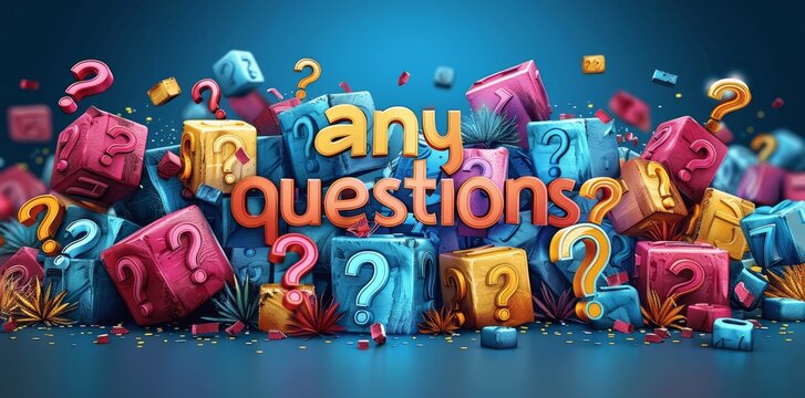 3D Render of Colorful Cubes with Question Marks and Any Questions Text on Blue Background, Business Banner Design