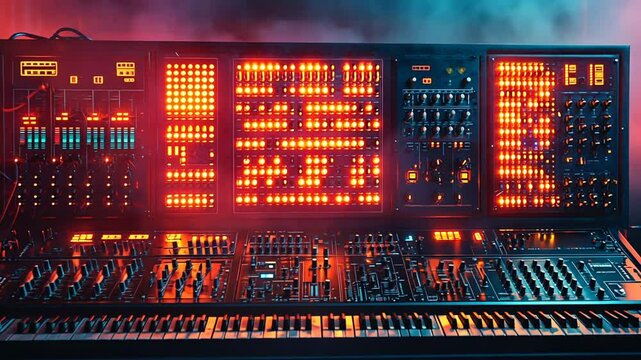 A synthesizer keyboard in a dark studio with colorful lights and smoke.