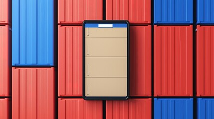 Description:** A wall of colorful shipping containers featuring a central panel, blending industrial design with organized storage.