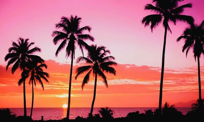Dreamy Southern California tropical palm trees in the beach and sunset in retro vintage style background
