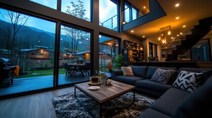 Fototapeta premium A stylish modern living room with large glass windows showcasing a breathtaking mountain view, seamlessly melding indoor comfort with outdoor beauty.