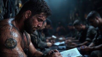 A focused soldier engages in studying, surrounded by comrades, in a dimly lit setting, showcasing dedication, concentration, and the rigors of military life.