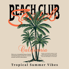 Palm tree summer beach t shirt print design, Vintage Retro sunset or sunrise. beach club slogan print for palm beach. surfing with big wave © sumonsharif
