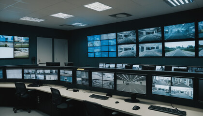 "Security Surveillance Room with Split-Screen View of Various Locations and Active Monitoring"