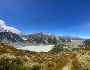 Mountain top views of Mount Cook National Park from Sealy Tarns Track. View from the top of the mountain