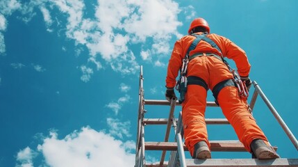 Worker Climbing Ladder Against Blue Sky