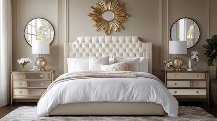 Luxurious Bedroom Interior with White Bedding and Gilded Decor