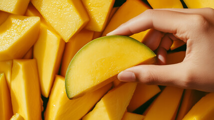 Hand Holding Fresh Mango Slice with Texture