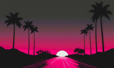 Outrun Synthwave style background with palm trees and a sunset, featuring the highway road with neon lights towards the sun