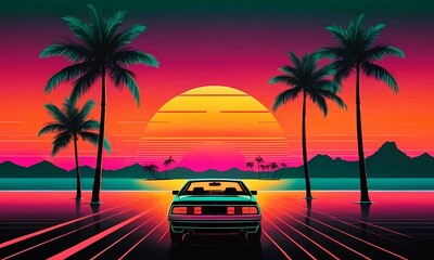 Outrun Synthwave style background with palm trees and a sunset, featuring vintage car ride on the highway road toward the sun  and neon lights