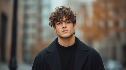 Fototapeta premium young man with curly hair stands confidently in urban setting, wearing stylish black coat and turtleneck. background features blurred city buildings and autumn foliage, creating modern and.