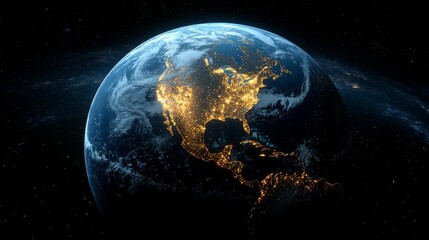 Fototapeta premium 3D Render of Earth at Night with Glowing City Lights. Generative AI