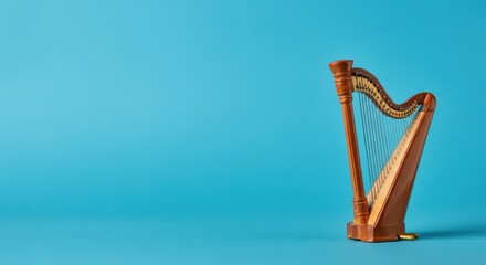 Wooden harp on blue background, elegant and classic string instrument