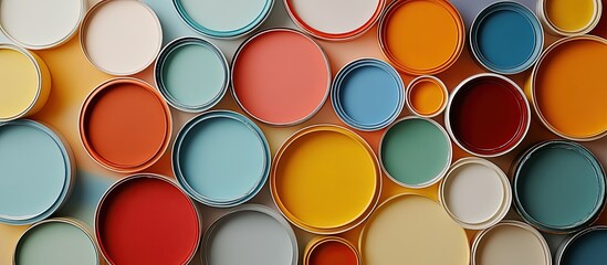 A colorful arrangement of circular paint cans in various shades.