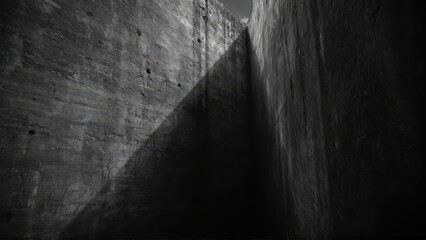generative ai, Dark, dramatic black-and-white architectural photograph of towering concrete walls with minimal light and sharp geometric contrasts