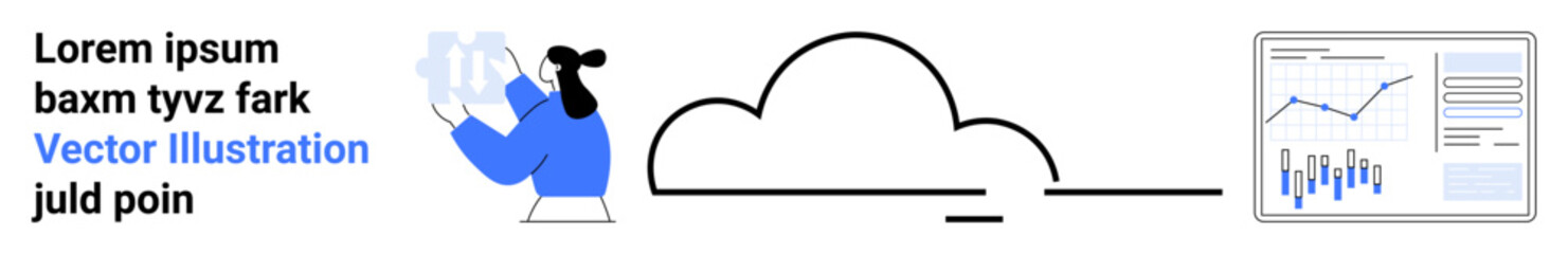 Character holding a document, cloud icon in center, data charts on a screen. Ideal for cloud computing, data analysis, digital transformation, analytics, business solutions, technology services, web