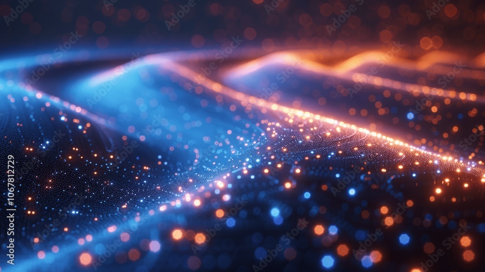 Poster Digital Road Streaming Binary Data - Futuristic Technology Concept with Blue Matrix and Cyber Network