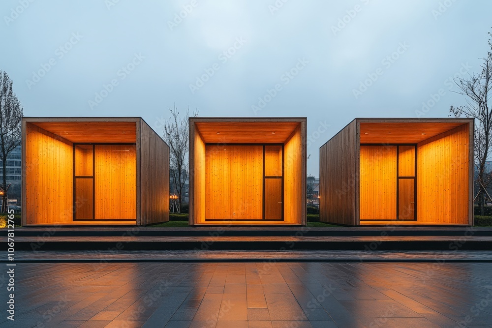 Poster three minimalist wooden cubes, warmly lit from within, set outside under a calm sky, embodying simpl
