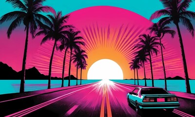 Outrun Synthwave style background with palm trees and a sunset, featuring vintage car ride on the highway road toward the sun and neon lights