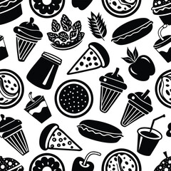 seamless pattern of delicious food on white background
