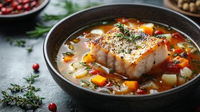 Traditional Fish Soup (Uha) with Fresh Herbs. Generative AI