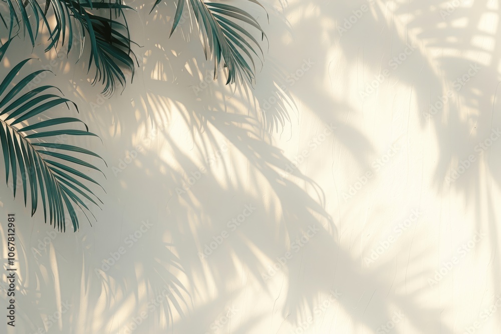 Poster light wall background with palm leaf shadows in minimalist style
