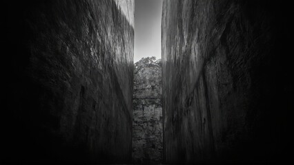 generative ai, Dark, dramatic black-and-white architectural photograph of towering concrete walls with minimal light and sharp geometric contrasts