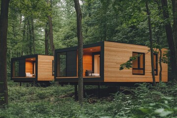 Two modern wooden cabins with large windows are nestled in a vibrant green forest, offering a peaceful escape and connection with nature's beauty and tranquility.