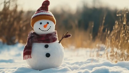 Funny festive snowman on a winter background, wishing Merry Christmas and a Happy New Year.