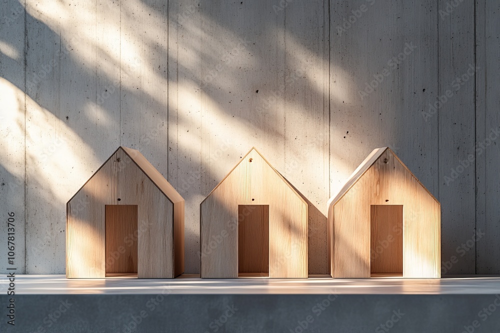 Leinwandbilder three wooden house blocks are illuminated by sunlight, casting subtle shadows on the surface, showca