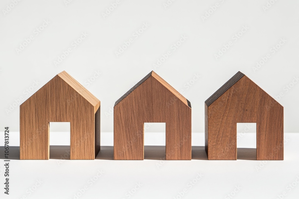 Leinwandbilder three wooden house-shaped blocks sit on a flat surface, casting dramatic shadows. this scene explore