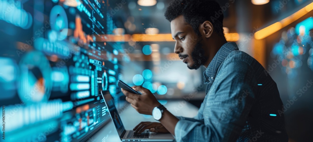 Poster Cybersecurity and Data Protection: User with Secure Smartphone and Laptop, Encryption and Privacy, Digital Security System, Safe Online Access and Identity Protection